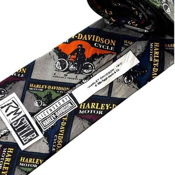VTG 90s HARLEY DAVIDSON 1910 Print Necktie RM Style Ralph‎ Marlin USA SILK Retro - Picture 3 of 6